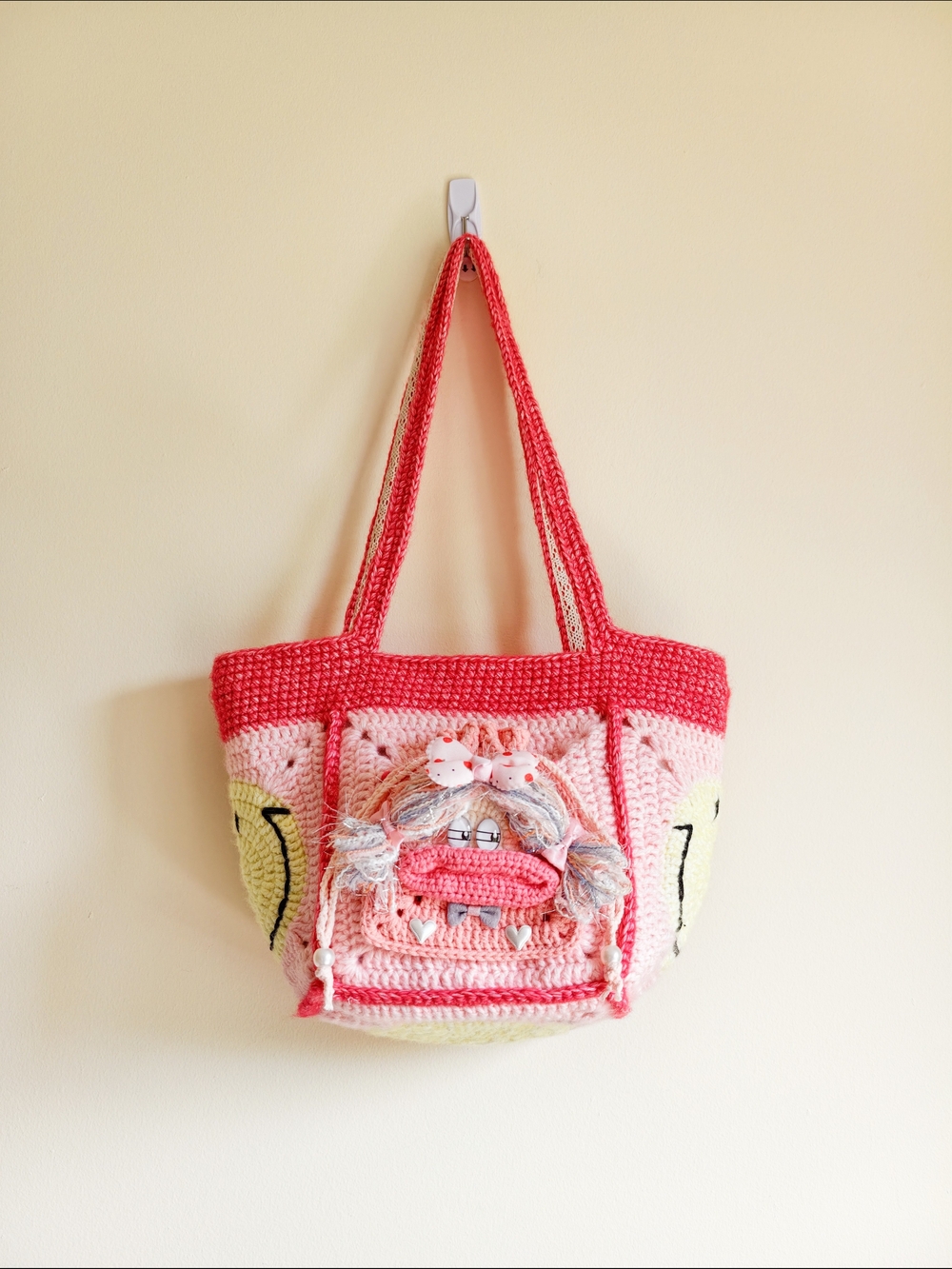 Handcrafted Pink Crochet Tote Bag with Smile Accent